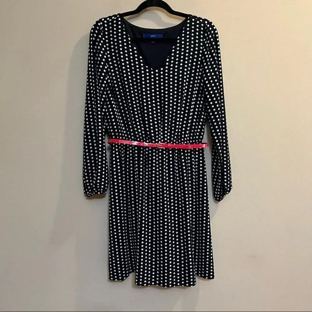 Apt.9 Women's Fit & Flare V-Neck Dress Polka Dot Scallop Trim Balloon Sleeve 8